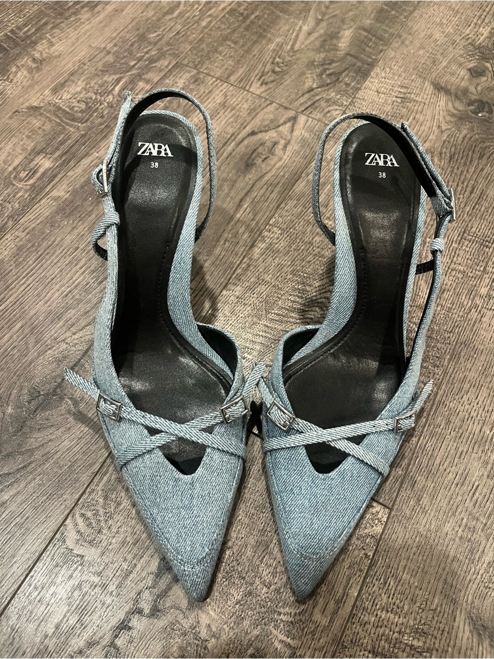 ZARA Light Blue Denim Pointed Slingback Heels